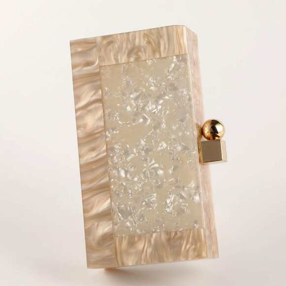 ⚡ Women's Acrylic Evening Glitter Marble Metal Clasp Cream Clutch Handbag - Picture 6 of 9